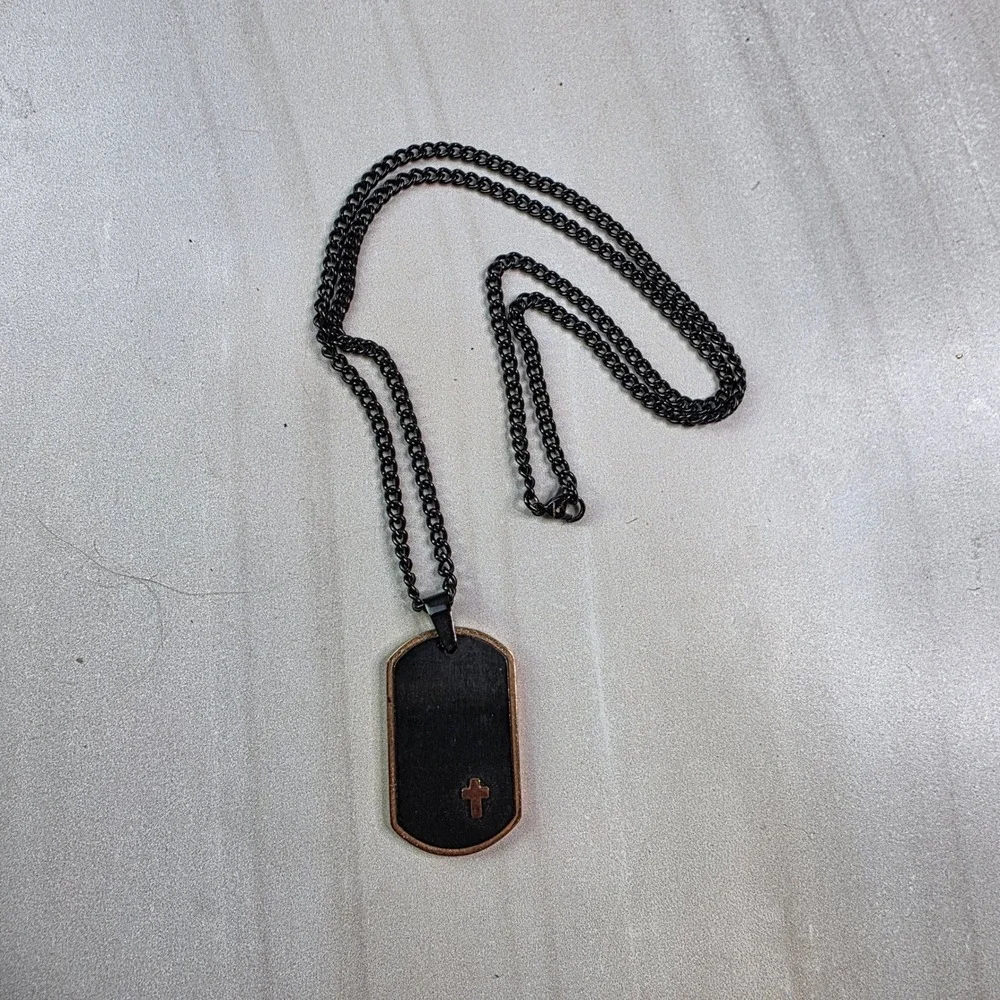 Mens Stainless Steel Black Dog Tag Cross Pendant Necklace Curb Chain Two Tone‎